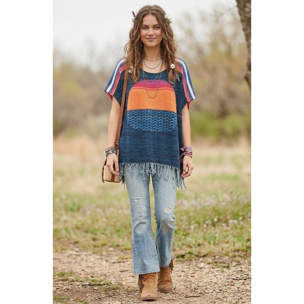 Free People Sunset Fringe Poncho Sweater Womens M/L Navy Combo Stretch Knit Boho